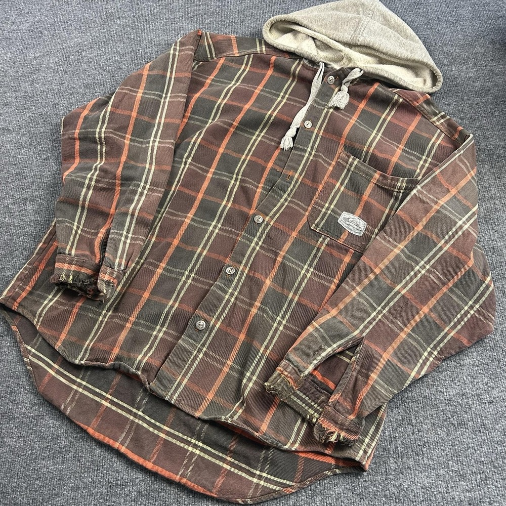 Quiksilver Shirt Mens Large Brown Plaid Hooded Flannel Button Up Casual